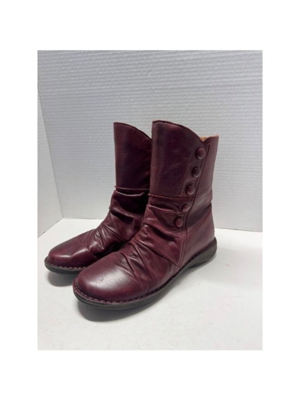 Miz Mooz Paulee Burgundy Leather Ruched Button Mid-Calf Boots Size 38 7.5